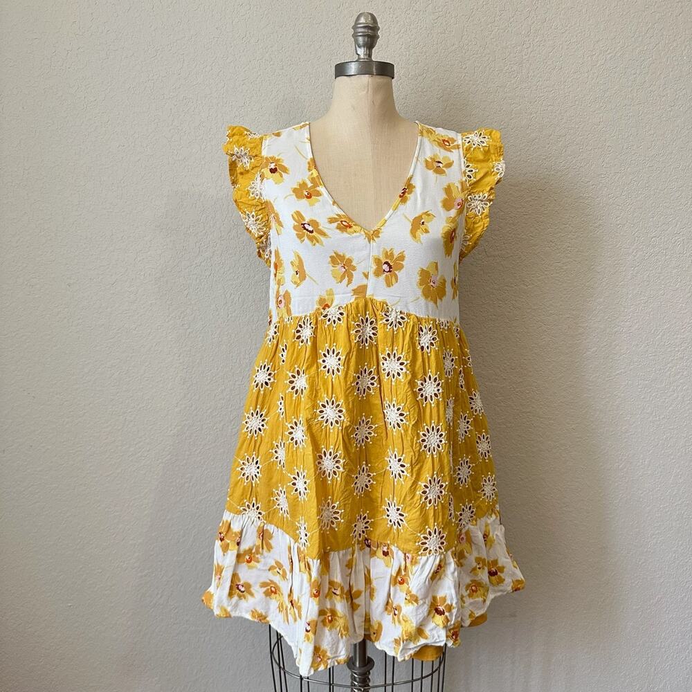 CODE x MODE Mini Dress Yellow Floral Eyelet Flutter Sleeve Babydoll